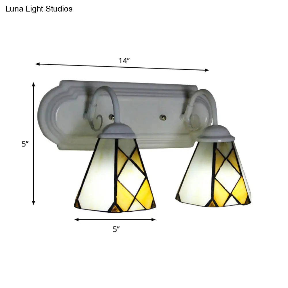 Stained Glass Wall Sconce With 2 Rustic Vintage Heads For Beige Bathroom Lighting