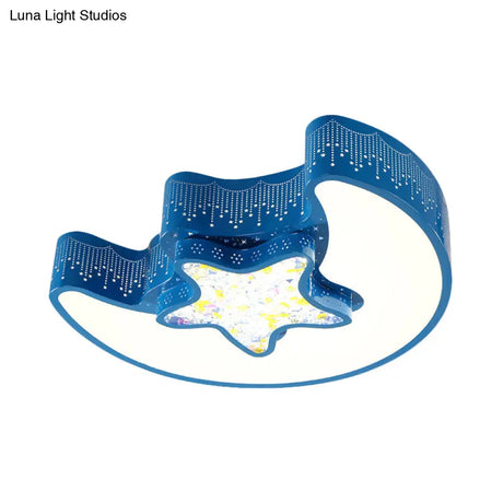 Starry Moon And Pentagram Led Ceiling Flush Lighting For Kids’ Bedroom - Acrylic Blue/Pink/White