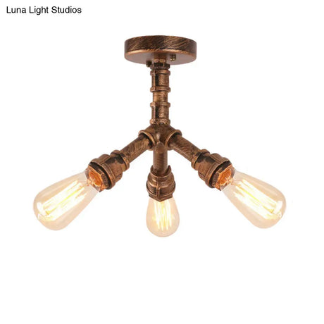 Steampunk 3 - Light Semi Flush Ceiling Fixture With Metallic Pipe Shade In Aged Bronze For Living