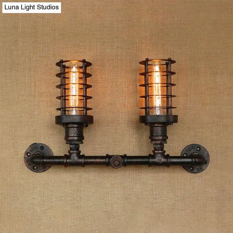 Steampunk Cylinder Wall Lamp With Wire Frame - 2 Head Iron Sconce Lighting In Aged Bronze For Living