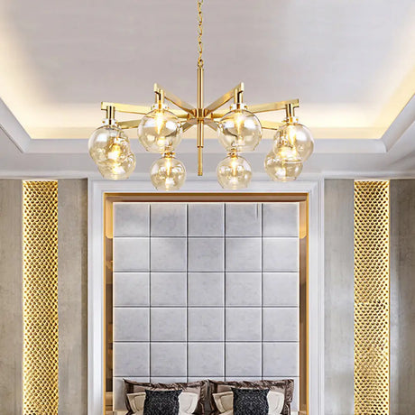 Stylish 8-Head Gold Ball Chandelier With Amber Glass Shade - Modern Ceiling Hanging Light