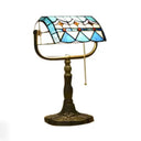 Stylish Blue/Orange Tiffany Table Lamp With Pull Chain & Rollover Shade Blue