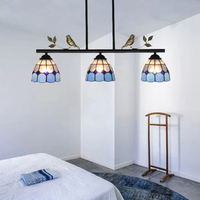 Stylish Tiffany Pendant Light Fixture - Stainless Glass Blue Island Lighting With Grid Dome Shade 3