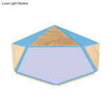 Stylish Wood Led Flush Light For Kids Bedroom - Pentagon Ceiling Mount Macaron Design
