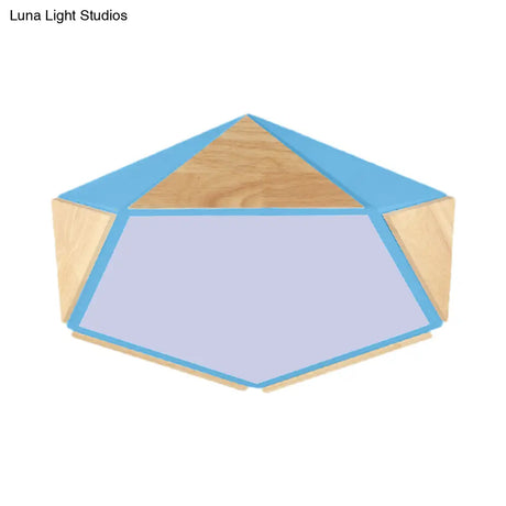 Stylish Wood Led Flush Light For Kids Bedroom - Pentagon Ceiling Mount Macaron Design