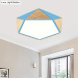 Stylish Wood Led Flush Light For Kids Bedroom - Pentagon Ceiling Mount Macaron Design