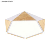 Stylish Wood Led Flush Light For Kids Bedroom - Pentagon Ceiling Mount Macaron Design