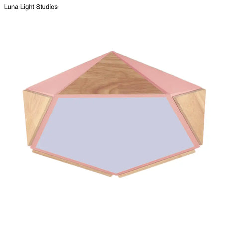 Stylish Wood Led Flush Light For Kids Bedroom - Pentagon Ceiling Mount Macaron Design