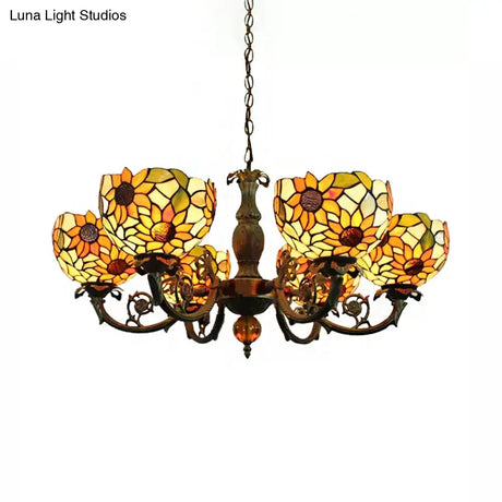 Sunflower 6-Light Tiffany Style Stained Glass Chandelier - Ideal For Living Room