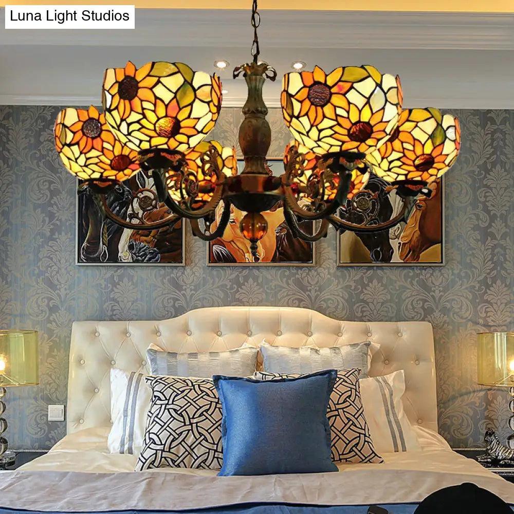 Sunflower 6-Light Tiffany Style Stained Glass Chandelier - Ideal For Living Room