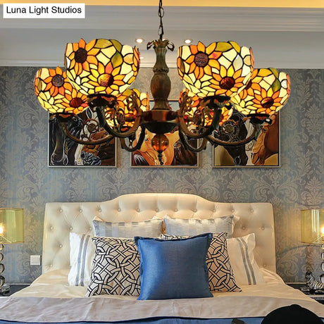 Sunflower 6-Light Tiffany Style Stained Glass Chandelier - Ideal For Living Room