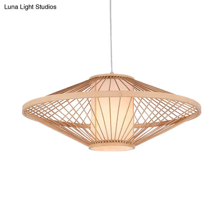 Suspended Bamboo Saucer Lamp - Modern Style 1-Bulb Hanging Light Fixture 19.5/23.5 Dia Black/Beige