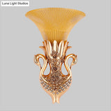 Swan Sconce Lamp: Farmhouse Resin Single Bulb Wall Lighting With Gold Finish And Fluted Glass Shade