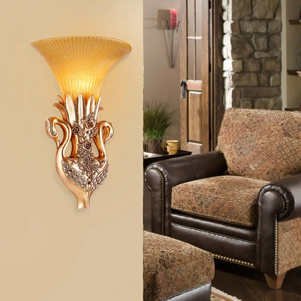 Swan Sconce Lamp: Farmhouse Resin Single Bulb Wall Lighting With Gold Finish And Fluted Glass Shade