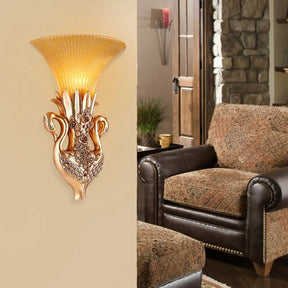 Swan Sconce Lamp: Farmhouse Resin Single Bulb Wall Lighting With Gold Finish And Fluted Glass Shade