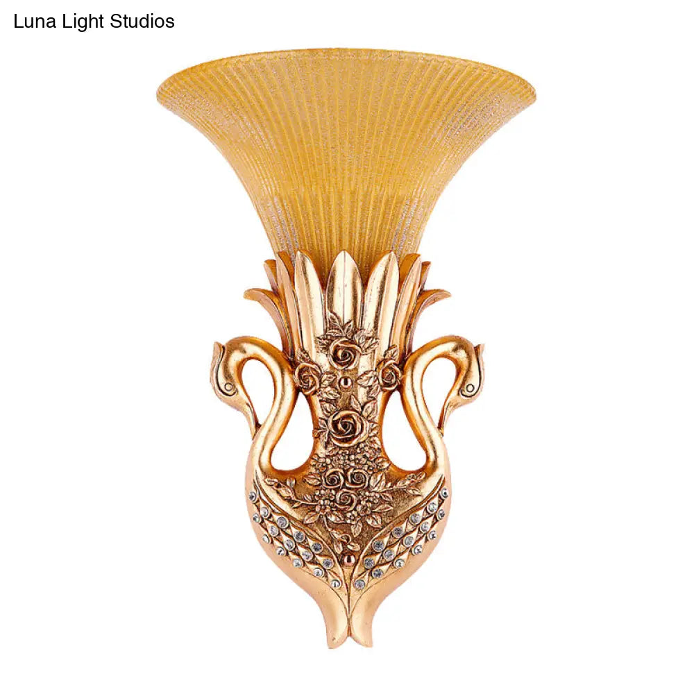 Swan Sconce Lamp: Farmhouse Resin Single Bulb Wall Lighting With Gold Finish And Fluted Glass Shade