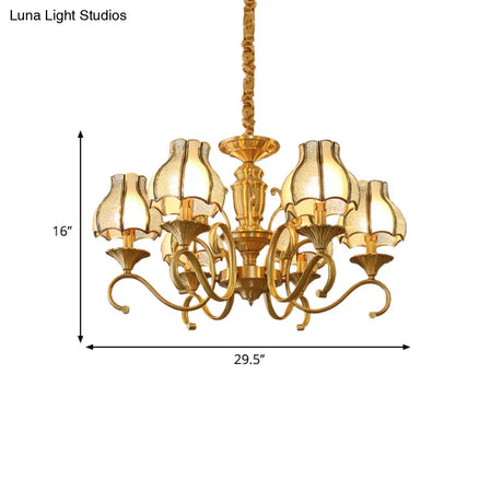 Swirled Arm Suspended Chandelier In Gold: Colonial Style With Frosted And Water Glass Shade (3/5/6