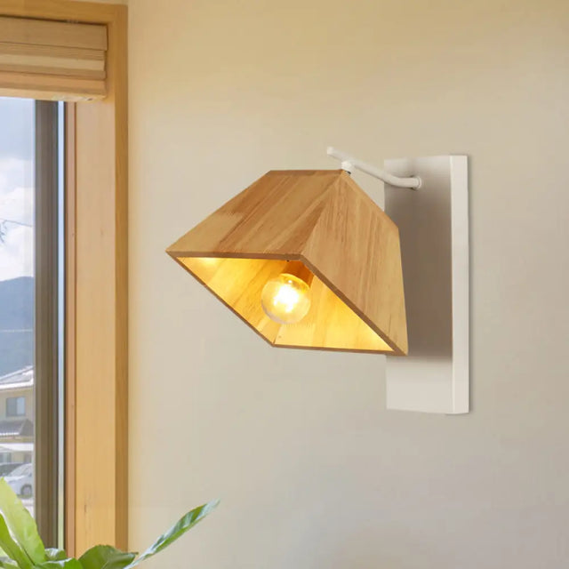Swivel Trapezoid Wall Lighting Nordic Wooden Terrace Sconce Fixture In Beige - 1 Bulb Wood