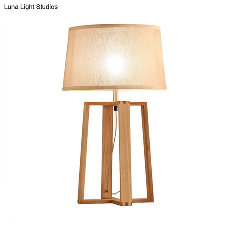 Tapered Drum Table Lamp: Contemporary Fabric Shade Wood Night Light With Trapezoid Base