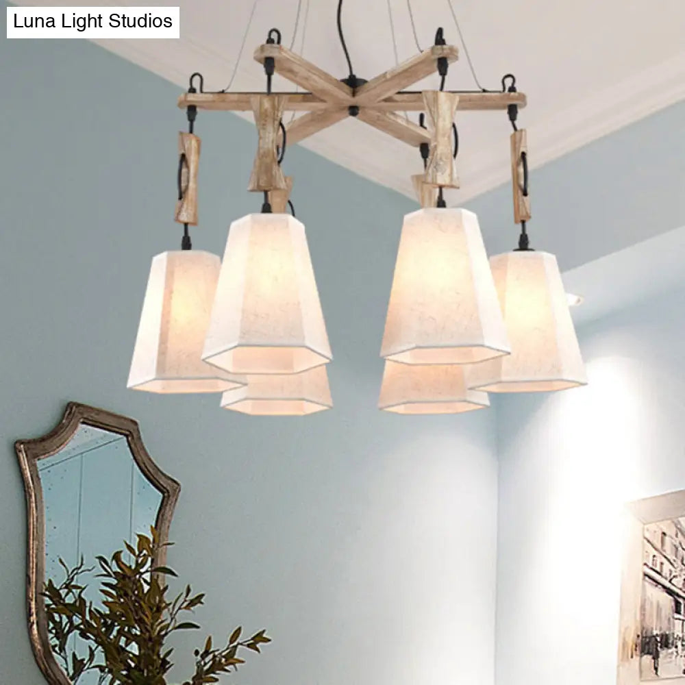 Tapered Fabric Chandelier With 6 Traditional Lights - Living Room Pendant In White/Black/Flaxen