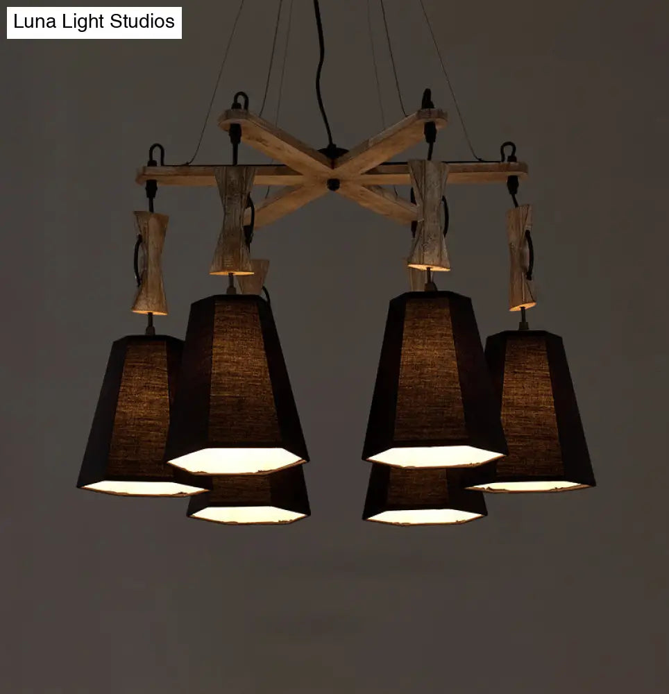 Tapered Fabric Chandelier With 6 Traditional Lights - Living Room Pendant In White/Black/Flaxen