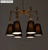 Tapered Fabric Chandelier With 6 Traditional Lights - Living Room Pendant In White/Black/Flaxen