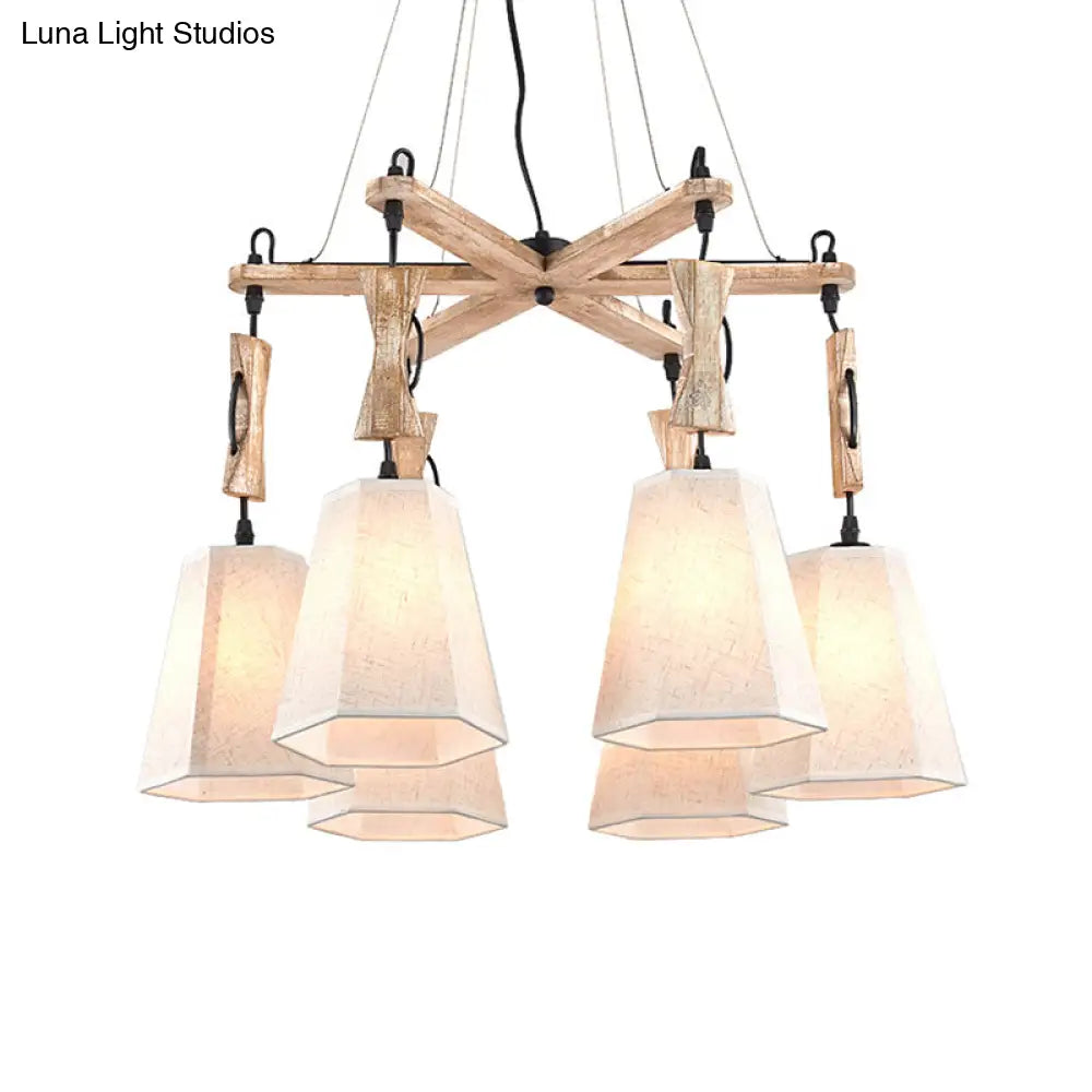 Tapered Fabric Chandelier With 6 Traditional Lights - Living Room Pendant In White/Black/Flaxen