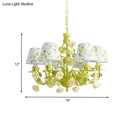 Tapered Green Pendant Chandelier With Traditional Metal Heads And Rose Decoration