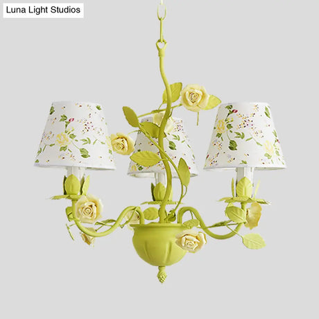Tapered Green Pendant Chandelier With Traditional Metal Heads And Rose Decoration