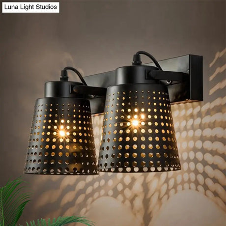 Tapered Metal Wall Light Fixture: Industrial Rotatable Sconce With Hollow Out Design (1/2/3-Head) -