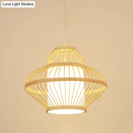 Teahouse Pendant Light - Asia Wood Ceiling Lamp With Curved Bamboo Shade