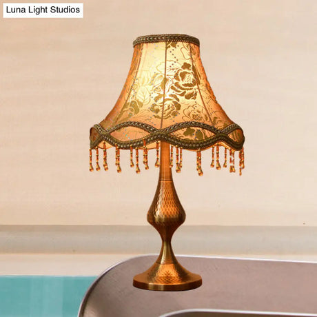 Thérèse - Vintage Brass 1 Head Night Stand Lamp Floral Print Fabric Flared Table Light With