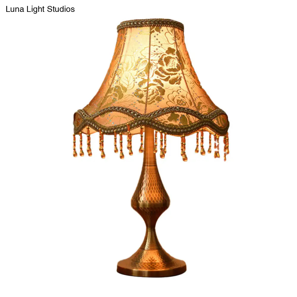 Thérèse - Vintage Brass 1 Head Night Stand Lamp Floral Print Fabric Flared Table Light With