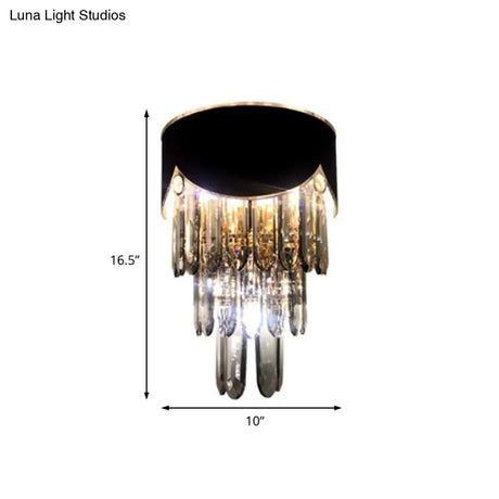 Tiered Wall Lamp With Crystal Block In Black - Modern Metal Lighting For Bedroom