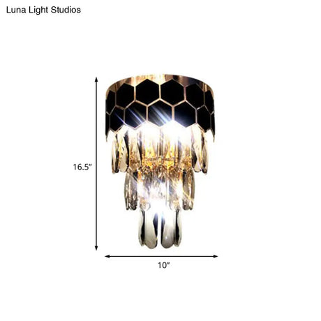 Tiered Wall Lamp With Crystal Block In Black - Modern Metal Lighting For Bedroom