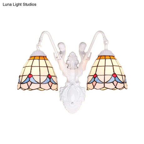 Tiffany 2-Head White Wall Sconce Light With Stained Glass And Mermaid Decoration
