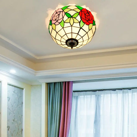 Tiffany 2-Light Stained Glass Floral Ceiling Fixture – Brass Flush Mount For Bedroom / B