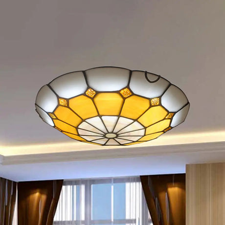 Tiffany Antique Art Glass Grid Bowl Ceiling Lamp In Blue/Orange/Yellow - 12’/16’ Width Bedroom
