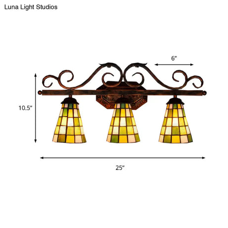 Tiffany Antique Wall Light In Black/Green/Blue Glass Pattern With 3 Bulbs Perfect For Living Room