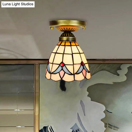 Tiffany Art Glass Dome Ceiling Light - White 6’/7’ Width Flush Mount For Hallway