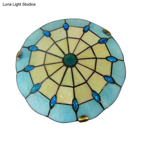 Tiffany Blue Dome Shade Flush Mount Ceiling Light With Jewel Decoration - Available In