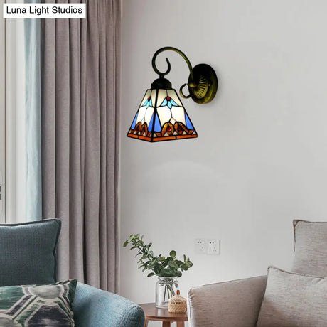 Tiffany Blue Stained Glass Wall Sconce With Scrolling Arm - 1 Head Pyramid Light Fixture