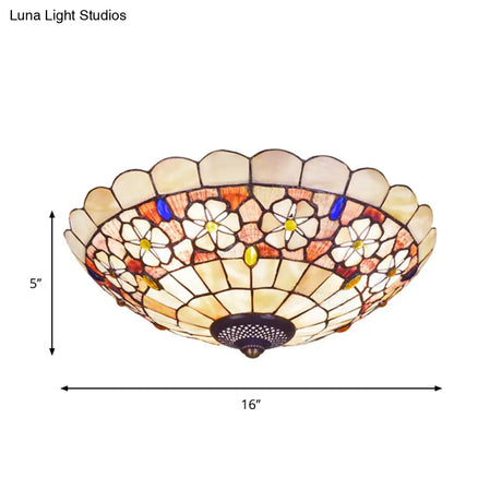 Tiffany Bowl Shell Ceiling Lamp With Blossom Pattern - 12’/21’ Dia 3/4 - Light Flush Mount Beige