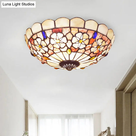 Tiffany Bowl Shell Ceiling Lamp With Blossom Pattern - 12’/21’ Dia 3/4 - Light Flush Mount Beige