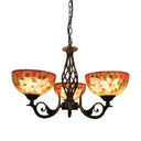 Tiffany Bronze Chandelier With Dome Stained Glass Shade - 3/7 Lights Pendant Fixture For Living