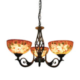 Tiffany Bronze Chandelier With Dome Stained Glass Shade - 3/7 Lights Pendant Fixture For Living