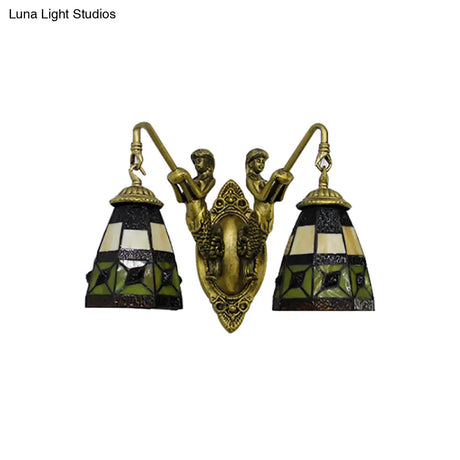 Tiffany Cone Beige Glass Wall Sconce - Antique Brass Finish Dual-Headed Lighting Fixture