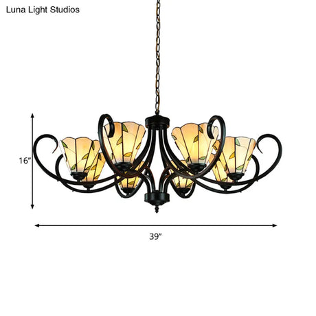 Tiffany Cone Chandelier Lamp With Stained Glass And Beige Shade For Bedroom - 5/6/8 Heads