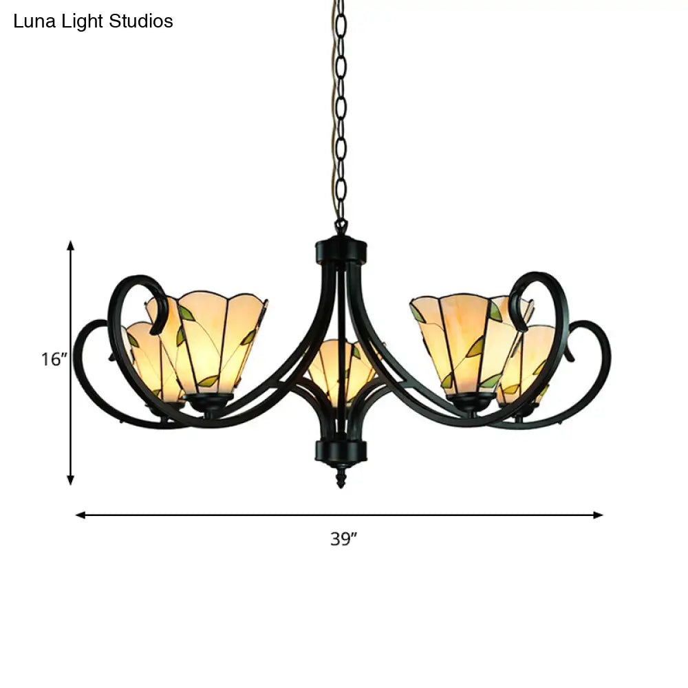Tiffany Cone Chandelier Lamp With Stained Glass And Beige Shade For Bedroom - 5/6/8 Heads