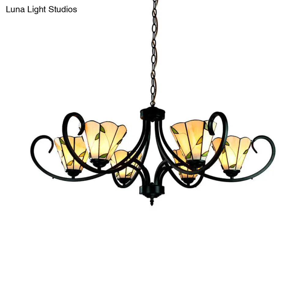 Tiffany Cone Chandelier Lamp With Stained Glass And Beige Shade For Bedroom - 5/6/8 Heads
